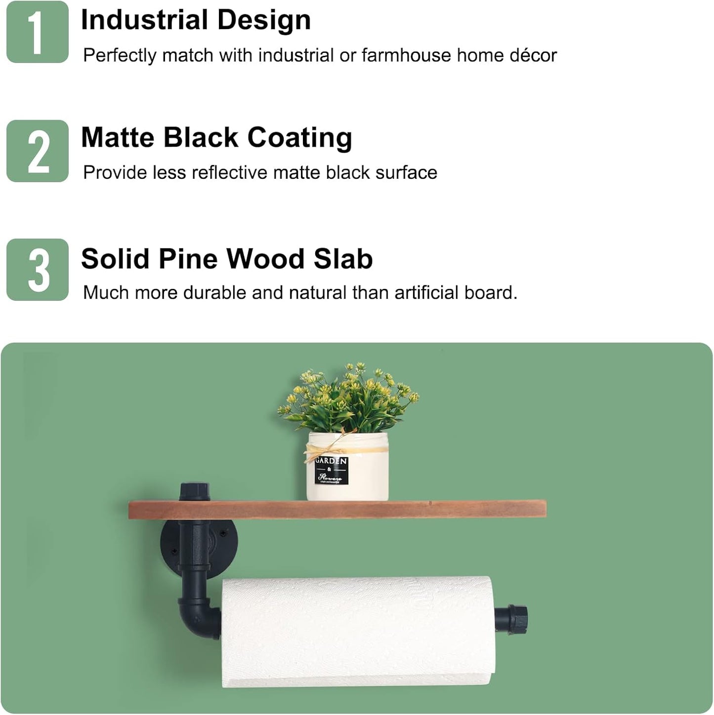 HouseAid Industrial Pipe Paper Towel Holder with Shelf, Rustic Farmhouse Paper Towel Rack for Bathroom, Kitchen, Wall