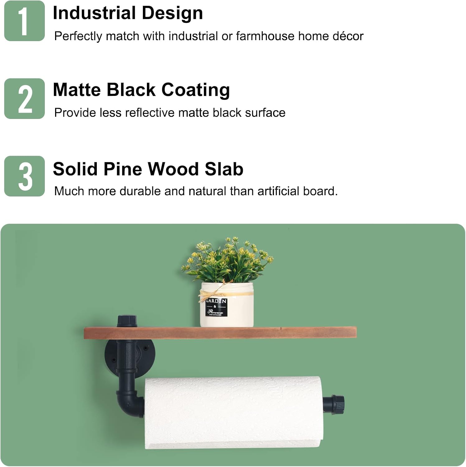 HouseAid Industrial Pipe Paper Towel Holder with Shelf, Rustic Farmhouse Paper Towel Rack for Bathroom, Kitchen, Wall