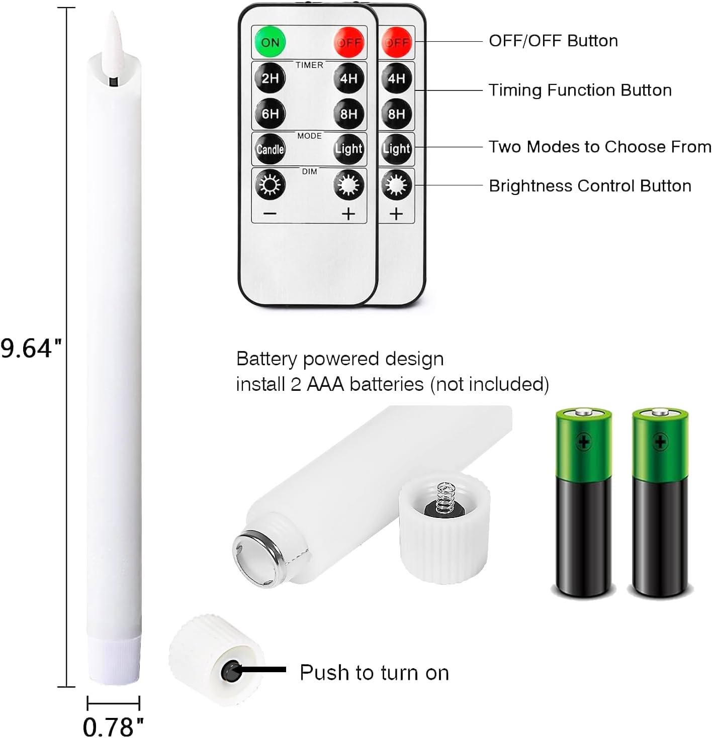 Flameless White Taper Candles Flickering with Timer and 10-Key Remote, Battery Operated LDE Warm 3D Wick Light Window