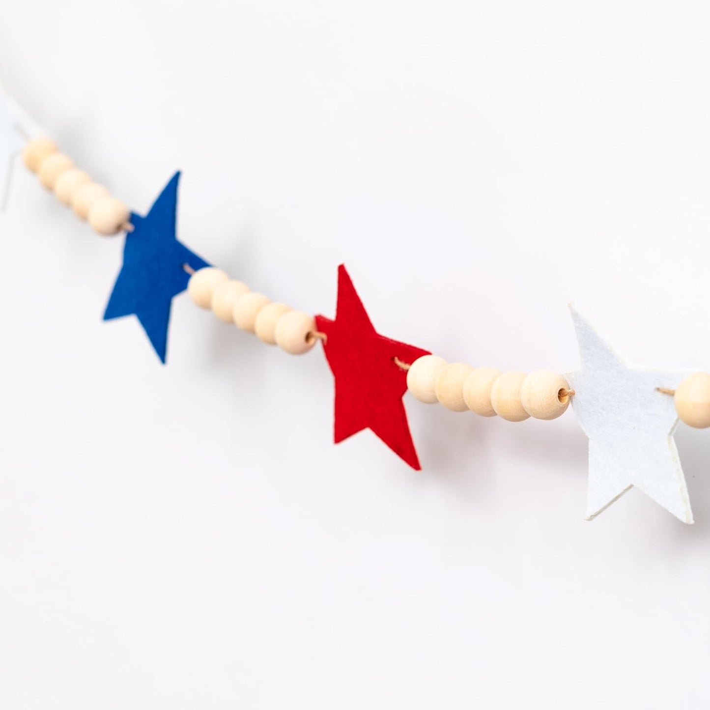 Wood Bead Garland for Mantel Red White Blue Felt Stars / 4th July Banner Red