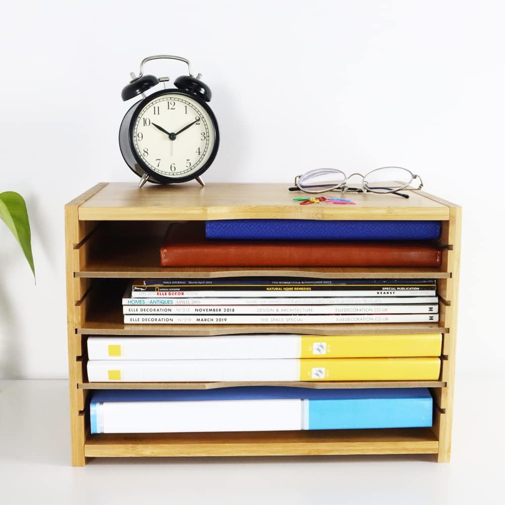 WKWKER File Organizer with 3 Adjustable Shelves Bamboo Document Letter Tray Paper File Sorter for Desktop Office Home