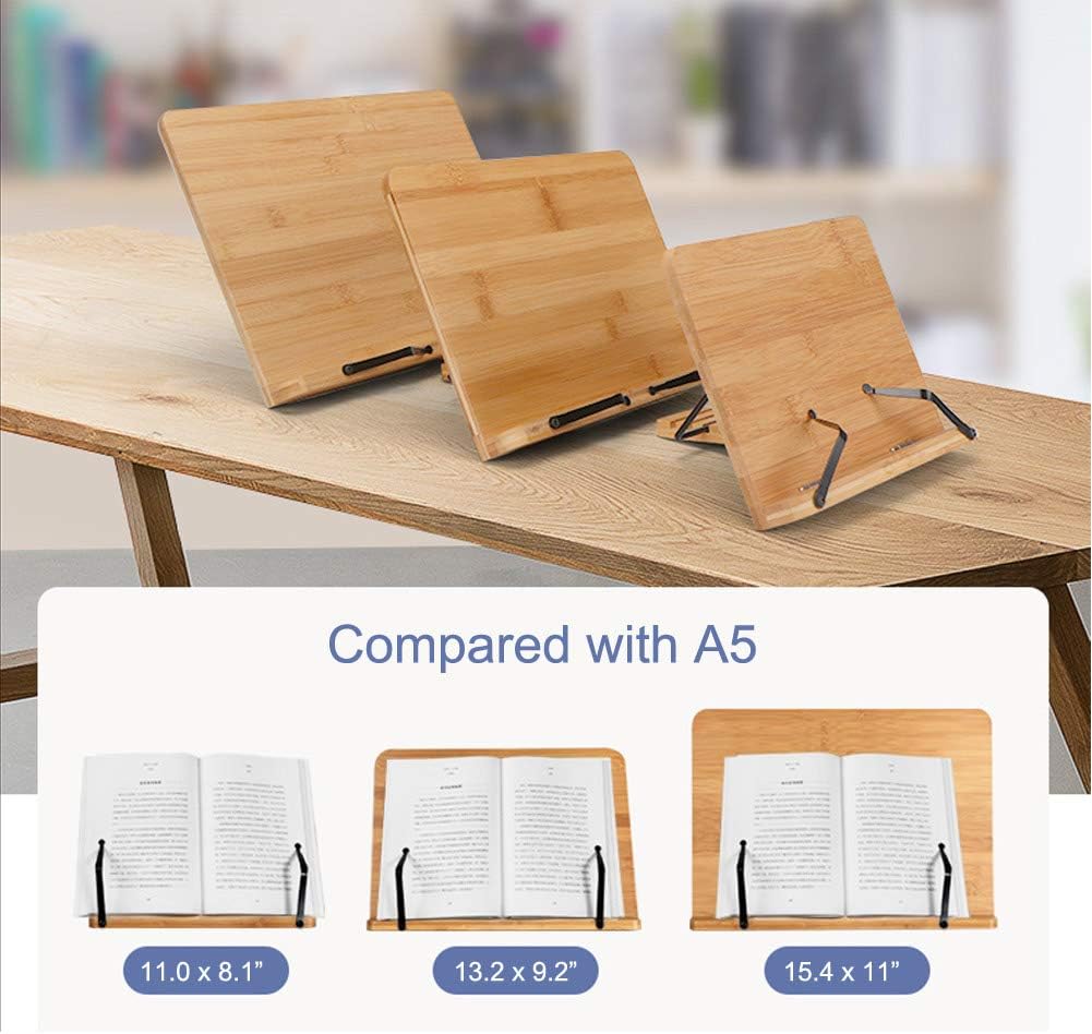 wishacc Bamboo Book Stand for Reading, 13.2" x 9.2" Premium Wooden Cookbook Holder and Recipe Stand for Kitchen