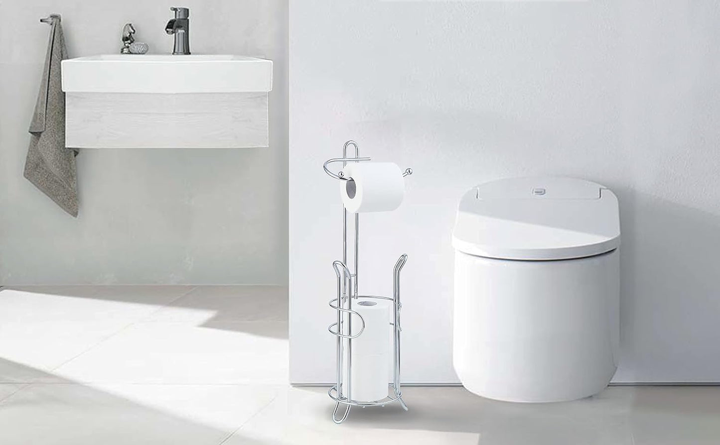 SunnyPoint Freestanding Toilet Paper Holder with Storage – Holds 3 Spare Rolls, Heavy-Duty Steel, Chrome Finish, Easy