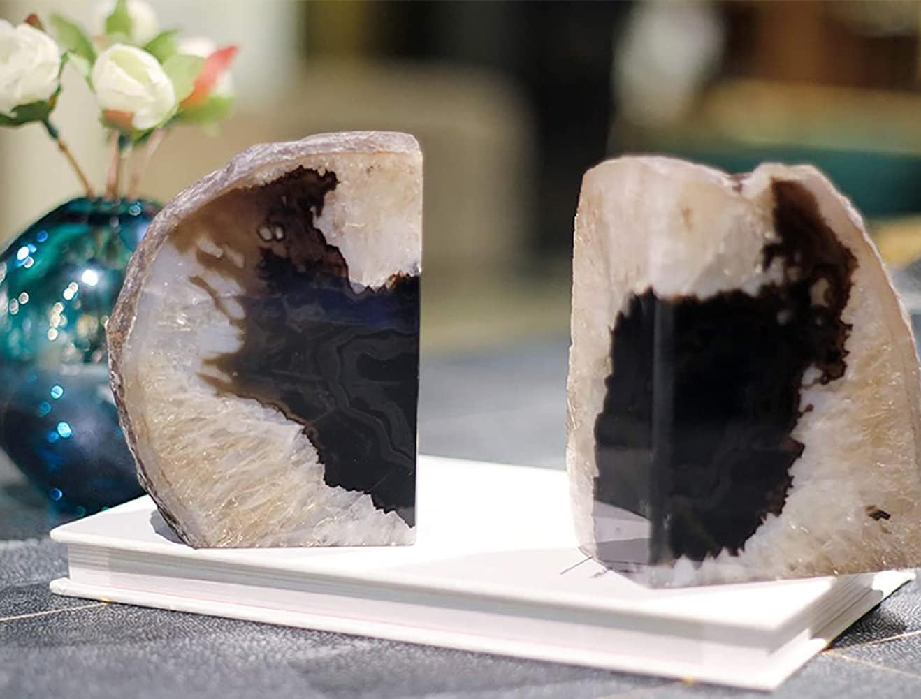 Black Geode Bookends Agate Decorative Book Ends / Natural Black / 3-4LBS