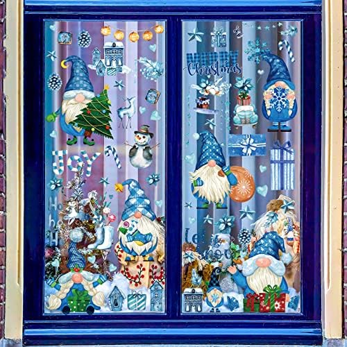 Whaline Christmas Winter Gnome Window Clings 9 Sheets Xmas Snowflakes Snowman Bedroom Decorations Double Printed PVC Stickers for Holiday Home Office Glass Mirror Winter Holiday Party Decoration