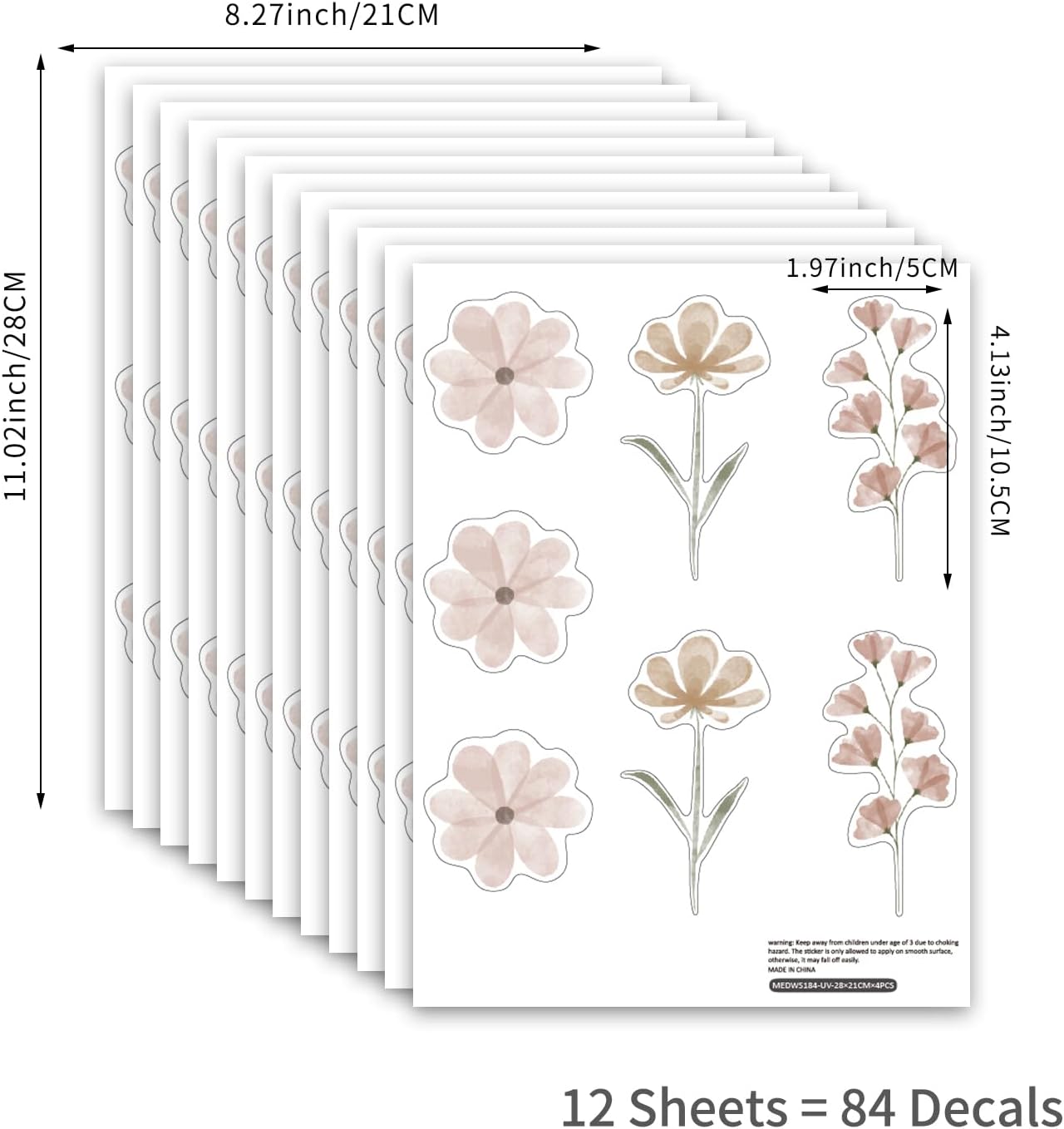 Boho Flower Stickers for Girls' Rooms / Boho Daisy-pink B / 12 Sheets / Set of 84