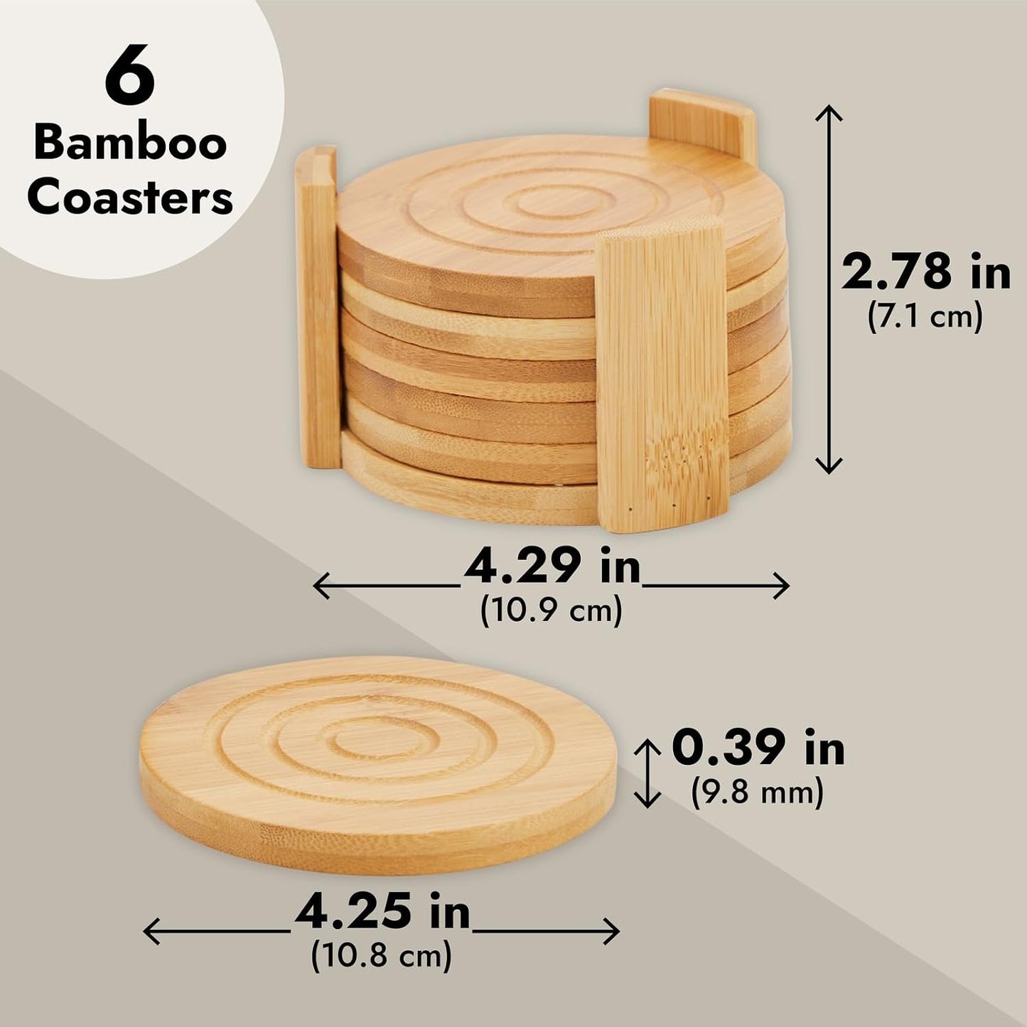 Coasters -4.3- Round Light Bamboo Wood / 4.3 Inches / Brown / Set of 6