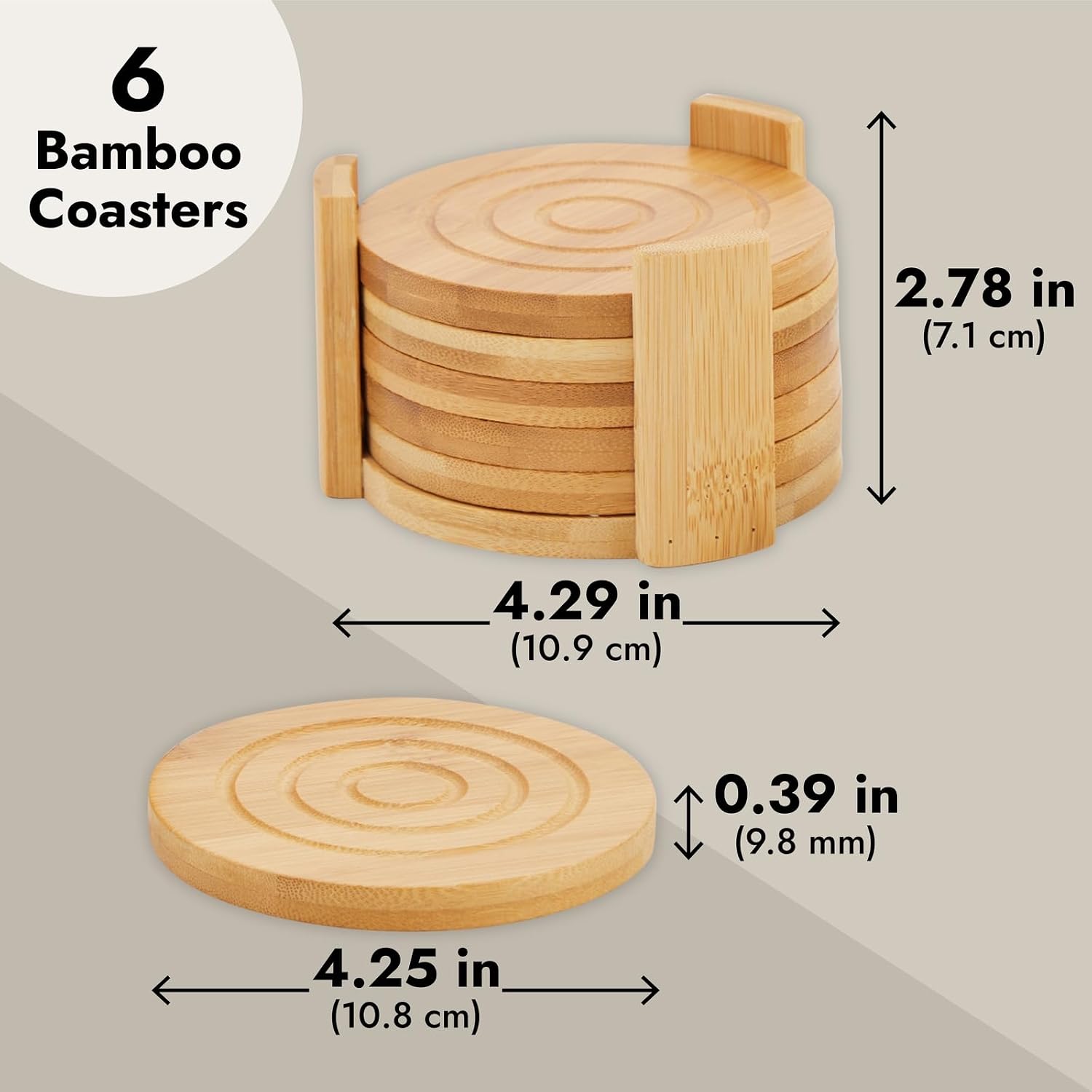 Coasters -4.3- Round Light Bamboo Wood / 4.3 Inches / Brown / Set of 6