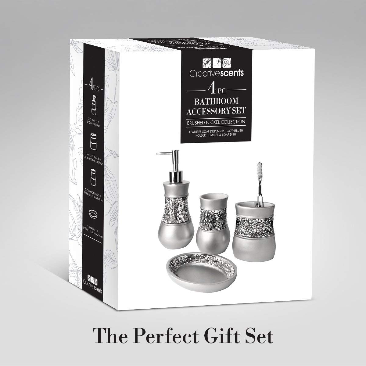 Creative Scents 4 Pc. Resin Bathroom Accessory Set | Silver Crackled Glass | Includes Soap Dispenser, Toothbrush