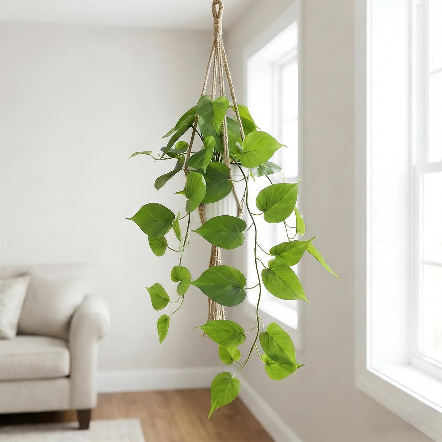 Fake Pothos Hanging Plant / Green with White Pot