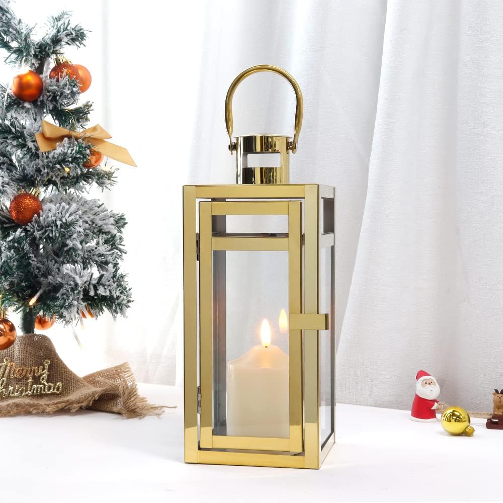 TRIROCKS Set of 2 Stainless Steel Decorative Lantern 12'' High Metal Candle Holder Outdoor Candle Lantern with Tempered