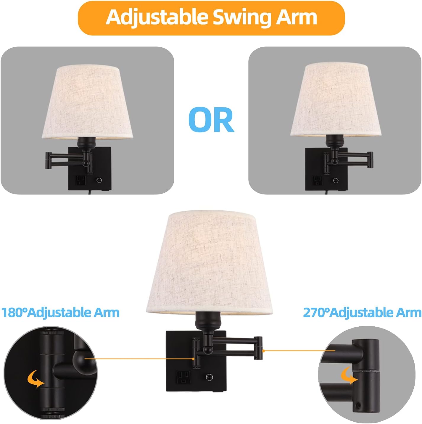 Bedside Wall Mount Light with Dimmable Switch and Outlet, Swing Arm Fabric Shade Wall Sconce Light with USB Port and