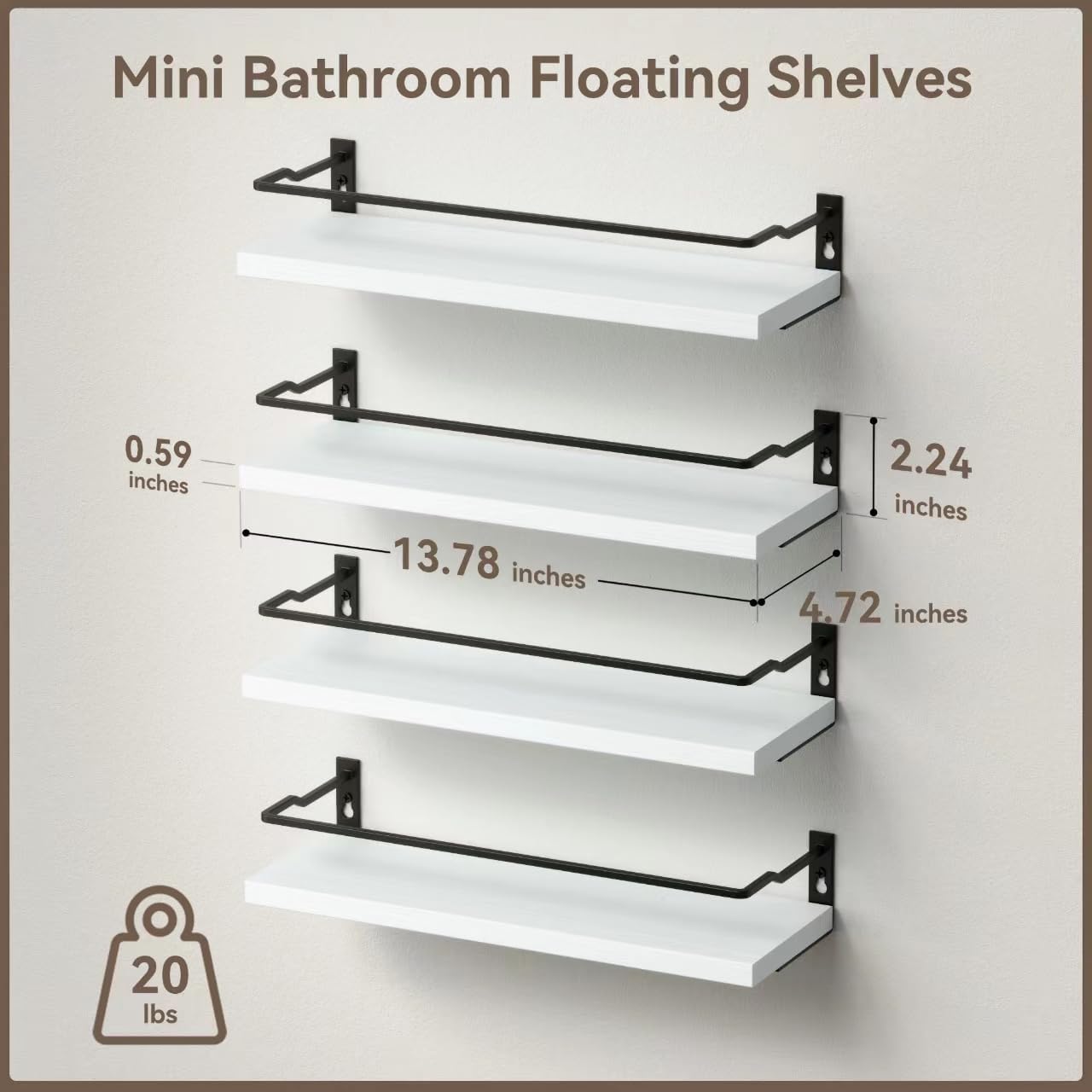 RICHER HOUSE White Bathroom Floating Wall Shelf Set of 4, Small Organizer Over Toilet Storage, Guard-Rail Kitchen