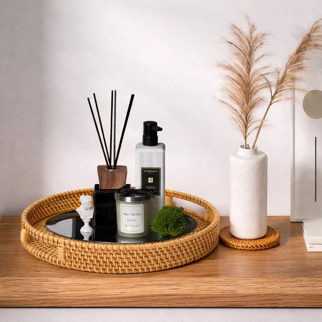 Round Rattan Serving Tray Set