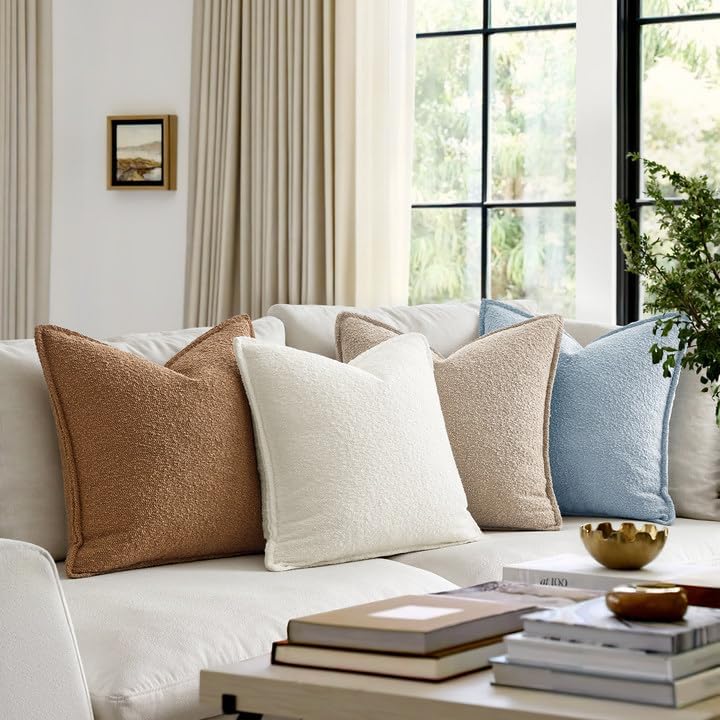 Decorative Textured Boucle Throw Pillow Covers Broadside Thick / 18 x 18 / Light Blue / Set of 2