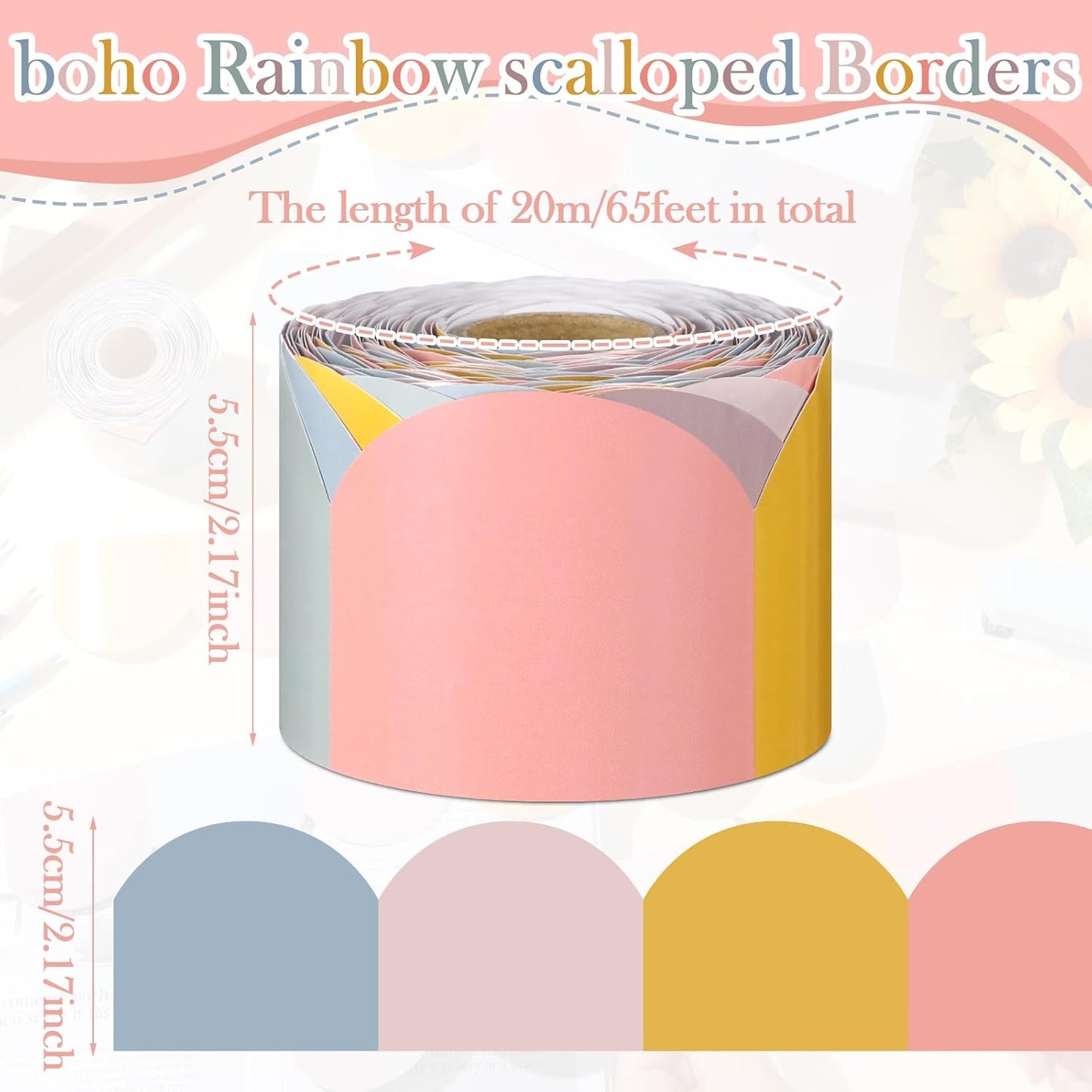 Scalloped Bulletin Board Borders Decorative Classroom Scalloped Border Trim Rolled / Boho / 65.6 ft