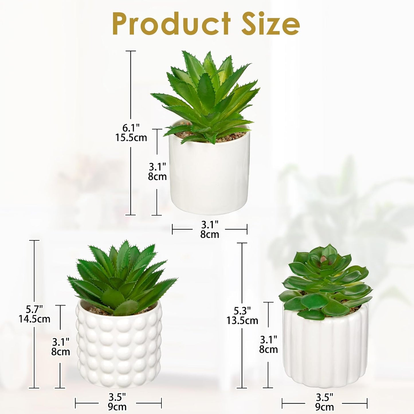 Succulents Plants Artificial in Ceramic Pots / White / Set of 3