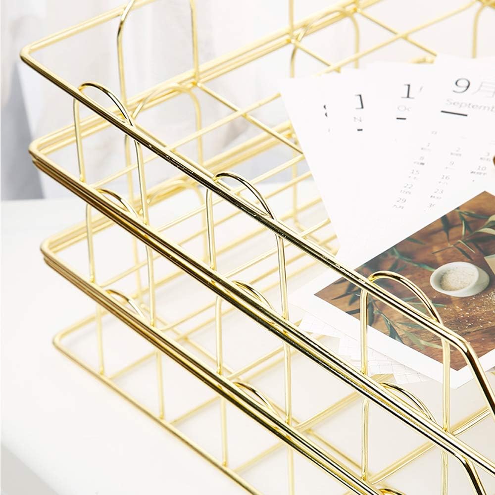 Gold 4-Tier Stackable Paper Tray Desk Organizer | Workspace Decorative Stacking Rack Supplies Holder, Metal Letter