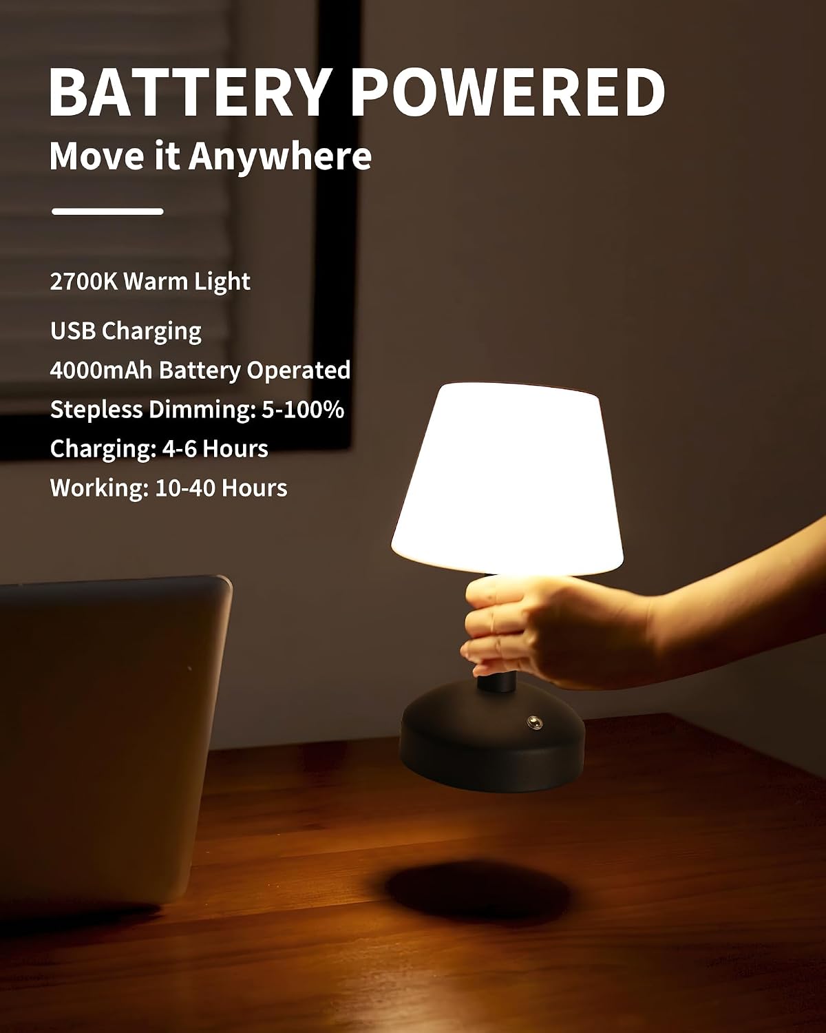 KDG Black Cordless Small Table Lamp, Portable LED Dimmable Desk Lamp | Modern 4000mAh Rechargeable Battery Operated