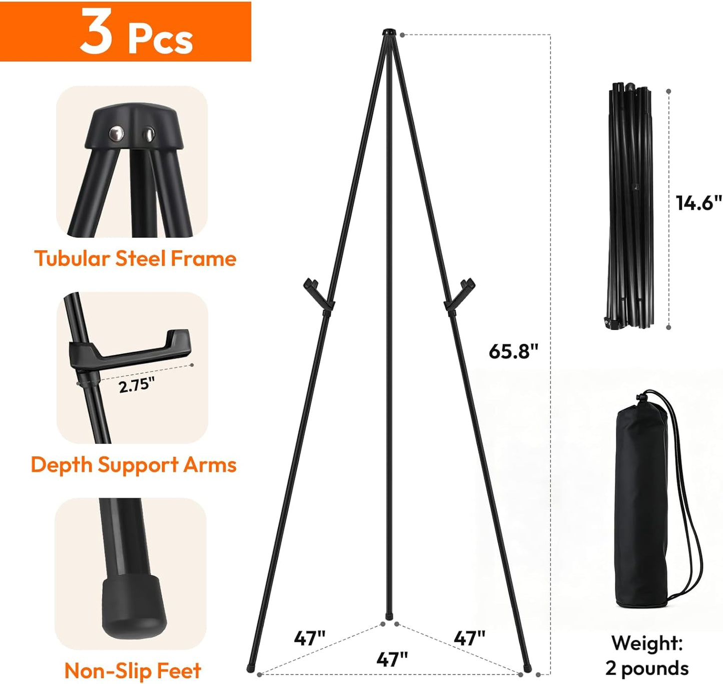 JEAWIWI 3 Pcs Lightweight Easel Stand, 66 Inch, Black, with Carry Bags | Adjustable Portable Metal Display Easel &