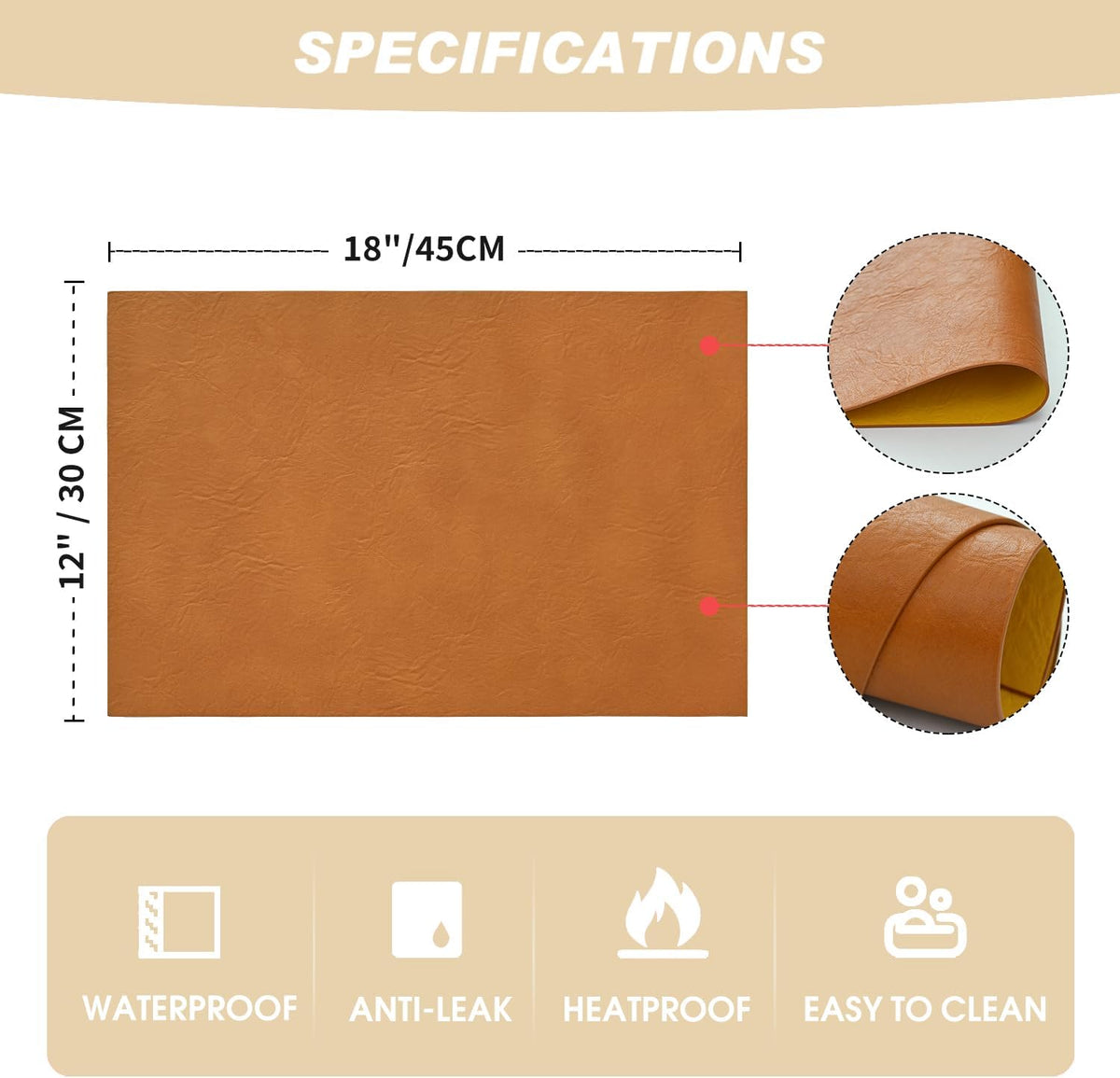 Artoid Mode Rust Faux Leather Placemats Set of 6, 12x18 Inch Waterproof Wipeable Heat Resistant Vinyl Place Mats