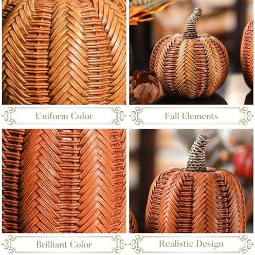 Valery Madelyn Thanksgiving Fall Decoration for Home Pumpkin Decor, 2pcs Resin Statue Artificial Rattan Pumpkins Figurine, Autumn Harvest Halloween Table Centerpieces, 6.2 inch