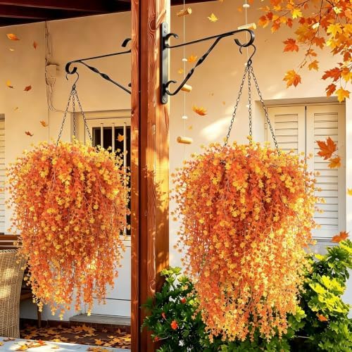 2 Set Fall Artificial Flower Hanging Baskets for Outdoors, UV Resistant
