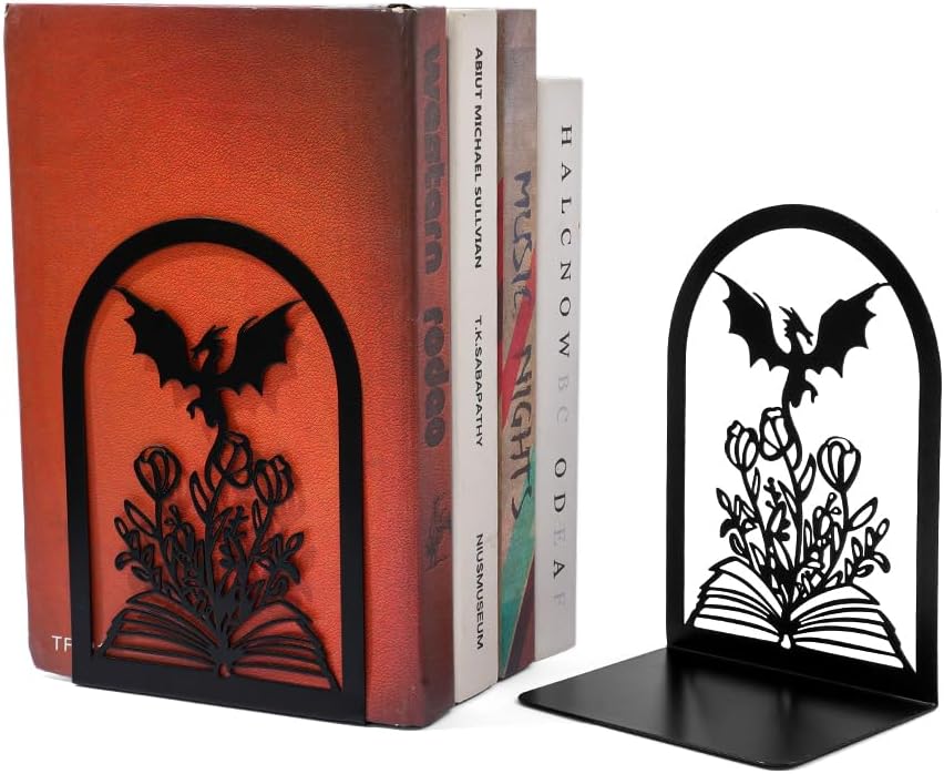 1 Pair Non Skid Metal Book Divider Decorative Holder / Dragon A
