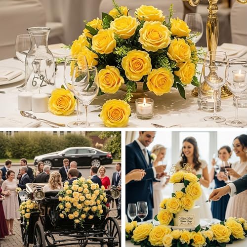 Auihiay 60PCS Yellow Roses Bulk, Yellow Velvet Silk Fake Roses
