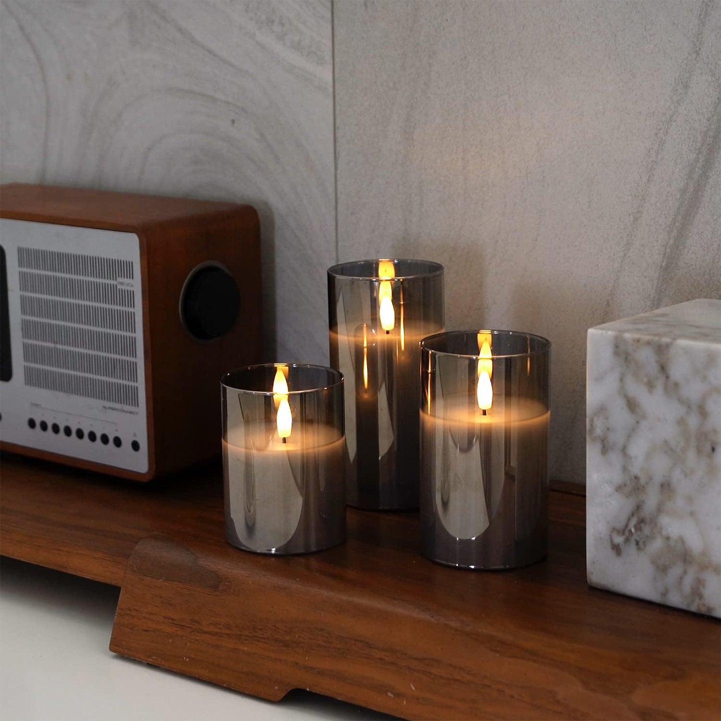 Amagic Gray Glass Flameless LED Candles Battery Operated with Remote Timer | Real Wax Pillar Electric Candle