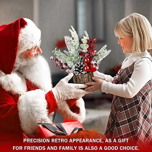 Small Christmas Tree Tabletop Artificial Mini Christmas Tree Decorations with Holiday Ornaments Red Berry Pine Cone Greenery for Home Indoor Fireplace Mantel Xmas Decor (2pcs -Tree Stump-Red)