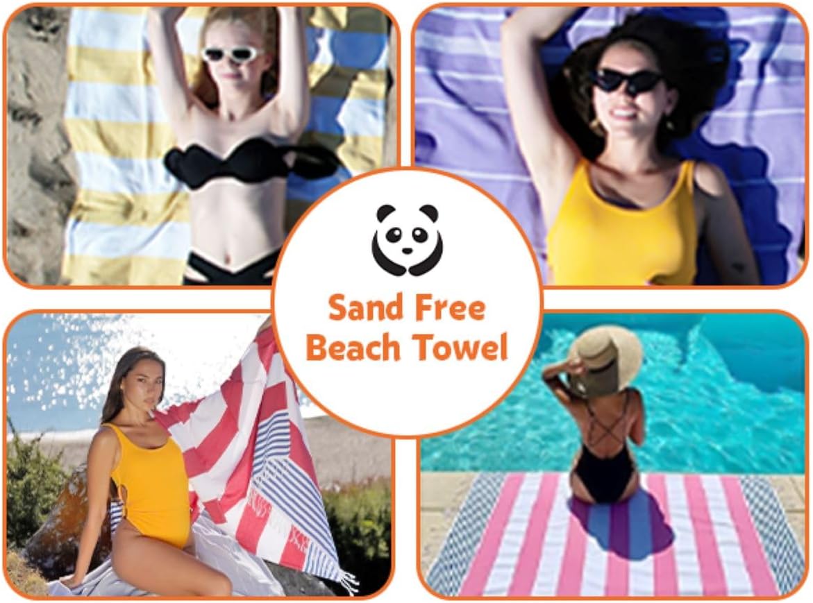 Turkish Beach Towel, Set of 6, 72" L x 40" W, 100% Cotton | Oversized, Absorbent, Quick-Drying | Sand Free, Reversible
