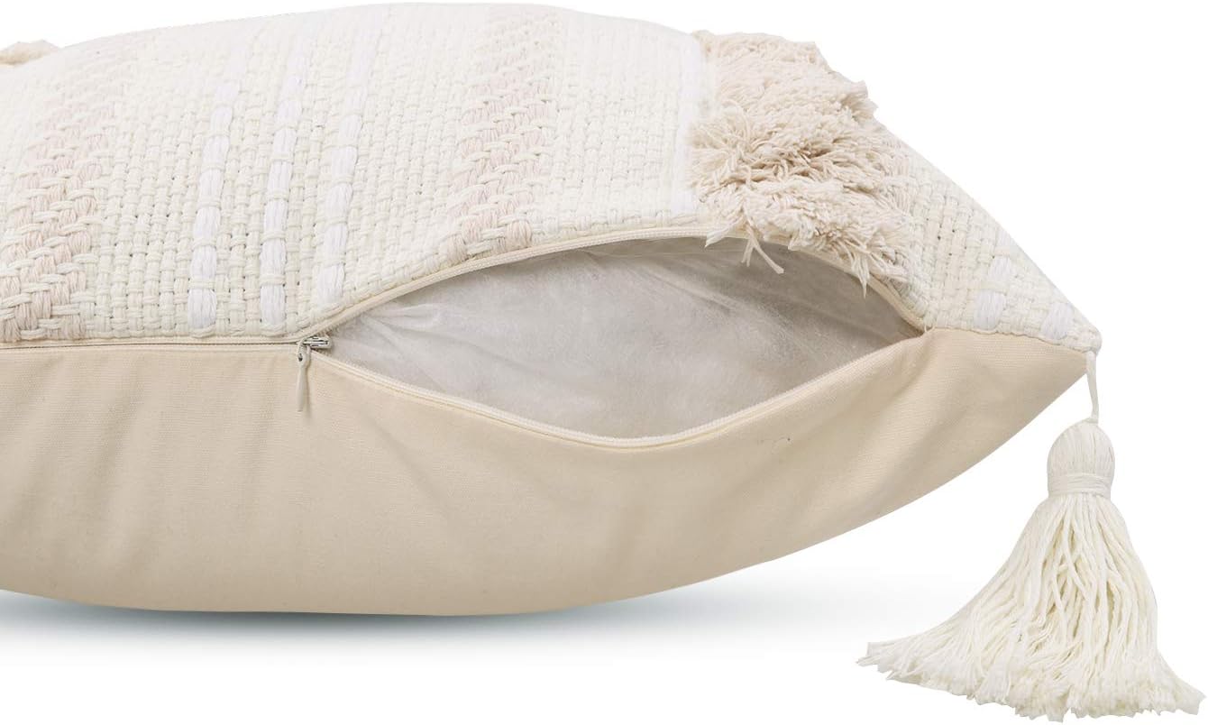 Lumbar Decorative Boho Throw Pillow Cover / 20 x 12 / Neutral / Cream