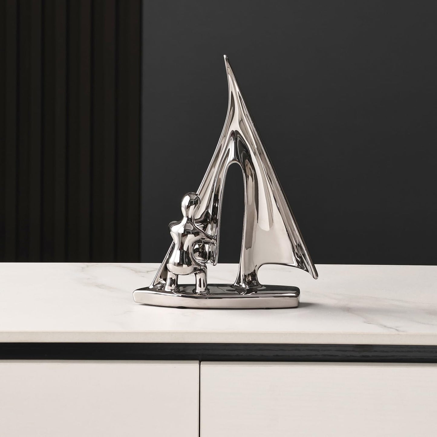 Ceramic Statue Home Decor Abstract Sailing Boat Sculpture Modern Aesthetic Decorative / Silver