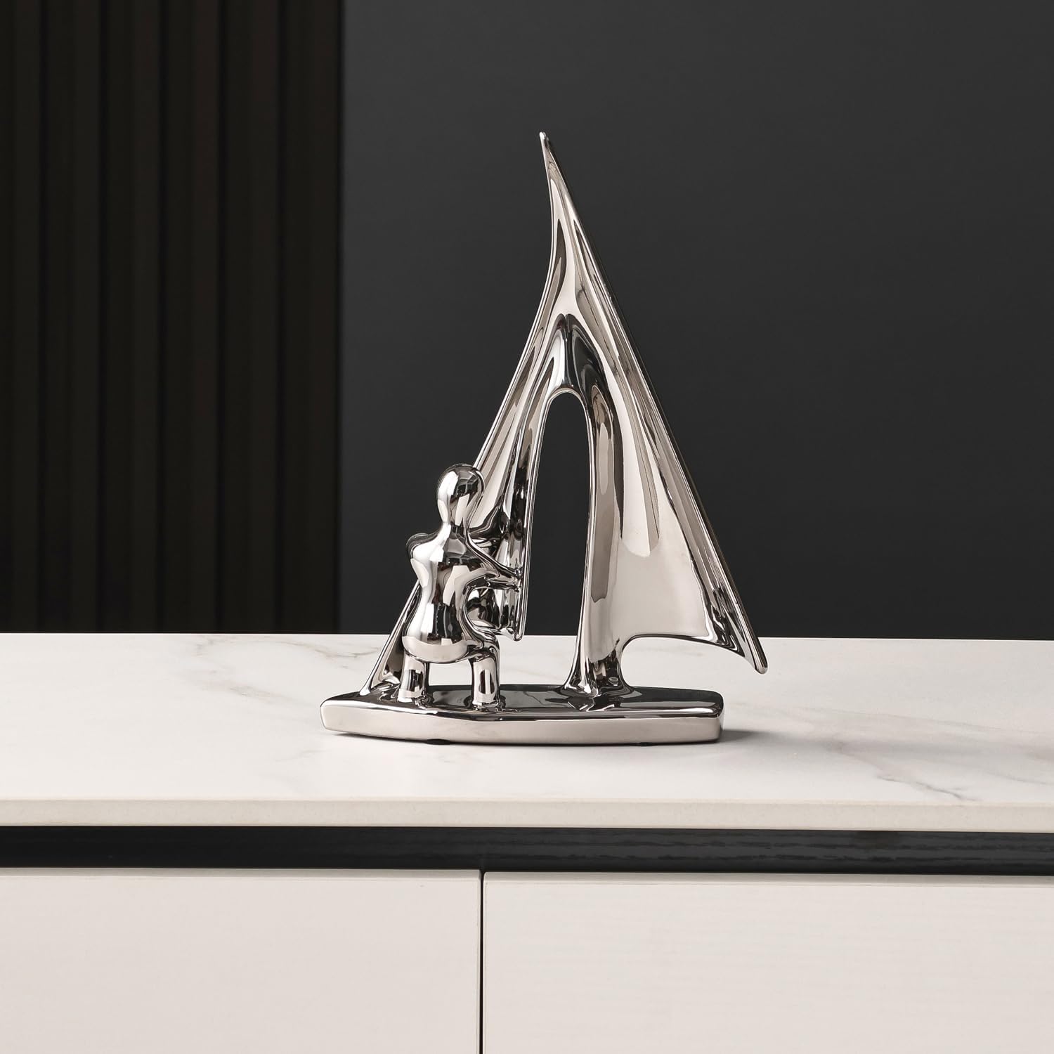 Ceramic Statue Home Decor Abstract Sailing Boat Sculpture Modern Aesthetic Decorative / Silver