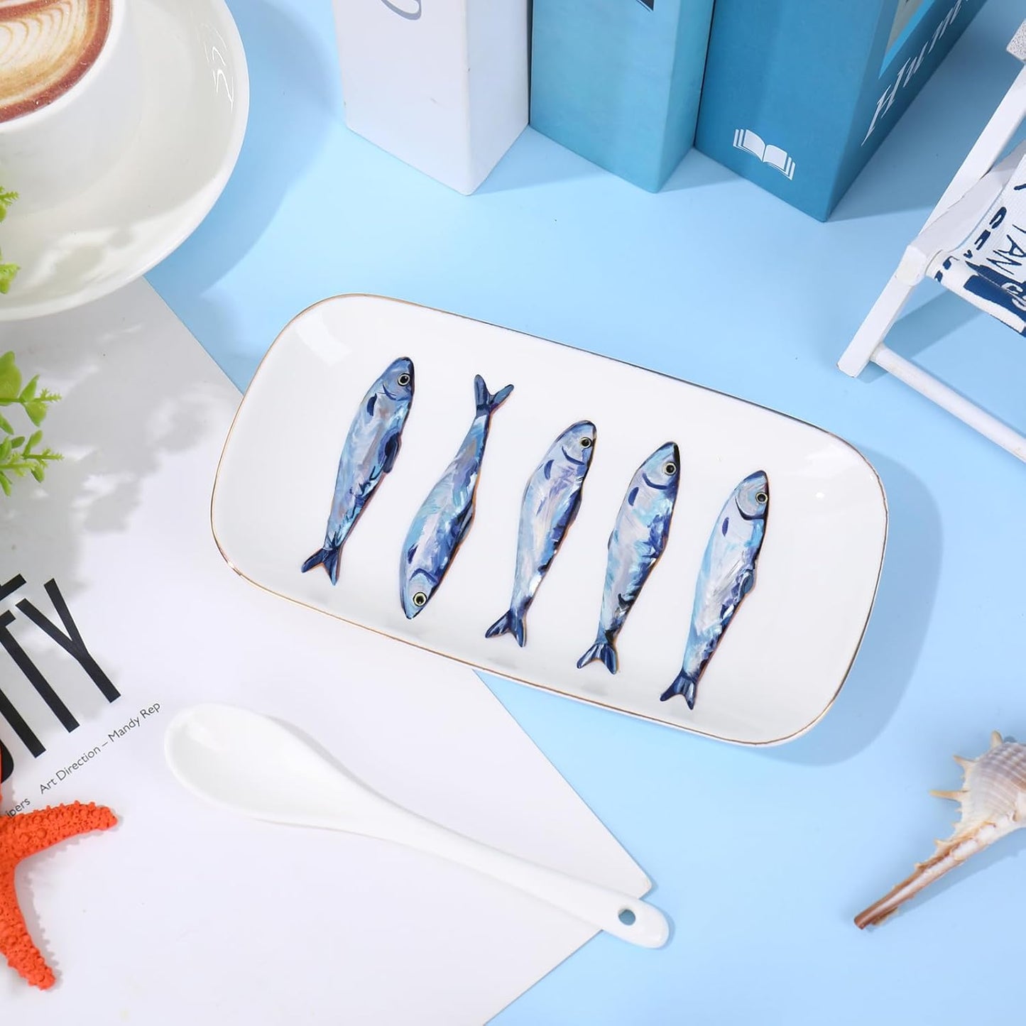 Sardines Trinket Tray Ceramic Jewelry Dish Aesthetic Fish Decorative Key Tray