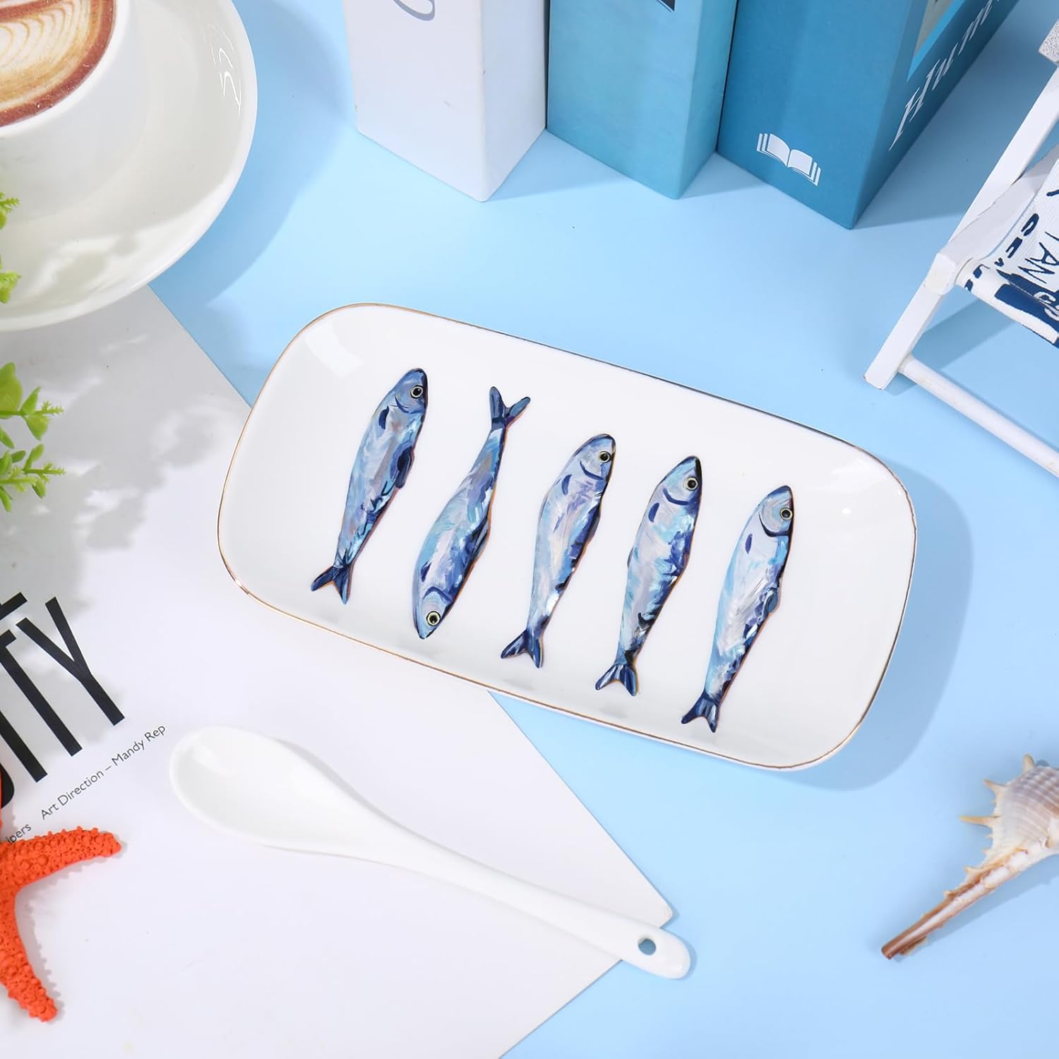 Sardines Trinket Tray Ceramic Jewelry Dish Aesthetic Fish Decorative Key Tray