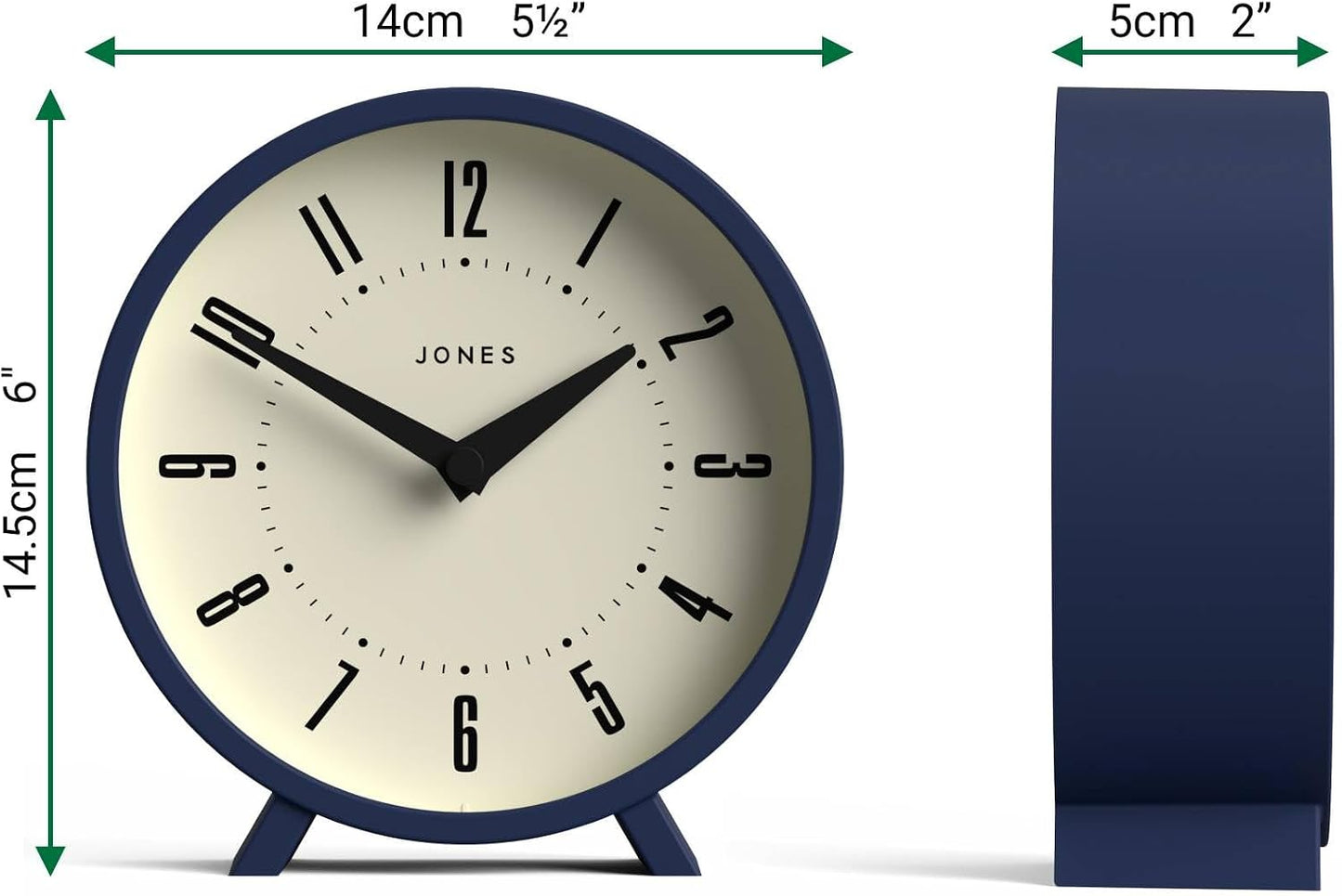 JONES CLOCKS® Venus Desk Clock | Modern Round Design | Blue | Stylish Retro Look for Shelf, Table, Mantel or Bedside