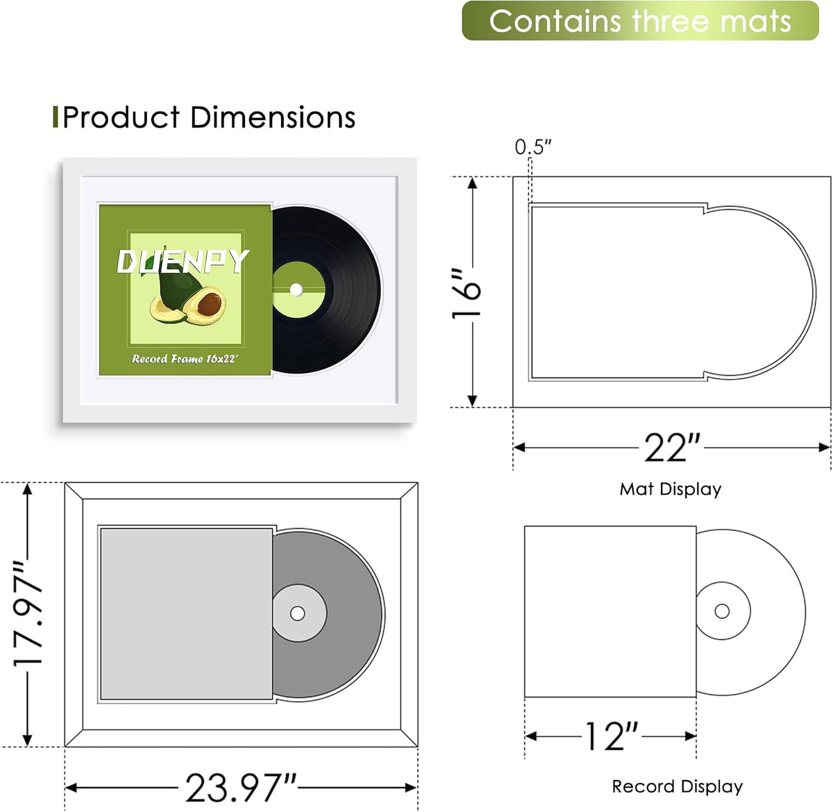 DUENPY 16x22 Vinyl Frame For 12.5x12.5 Cover White Mat White | Displays 12.5x12.5 Album Cover Art, Supports Wall