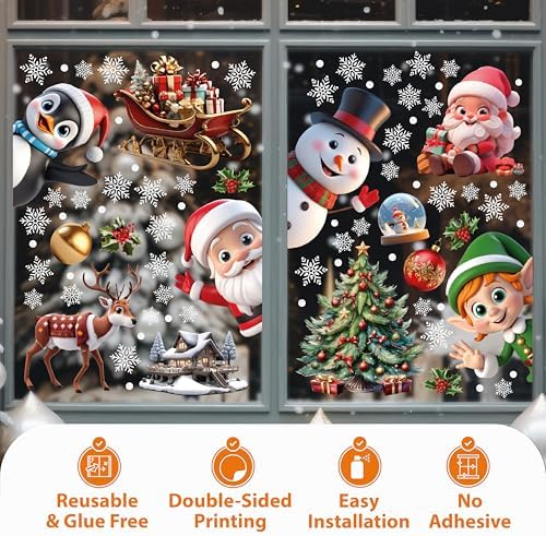 WALPLUS Christmas Window Clings - Clearance Decorations, Double-Sided Reusable Peel & Stick Removable for Glass, Living Room Xmas Peeking Santa Snowflakes, 149 Pcs