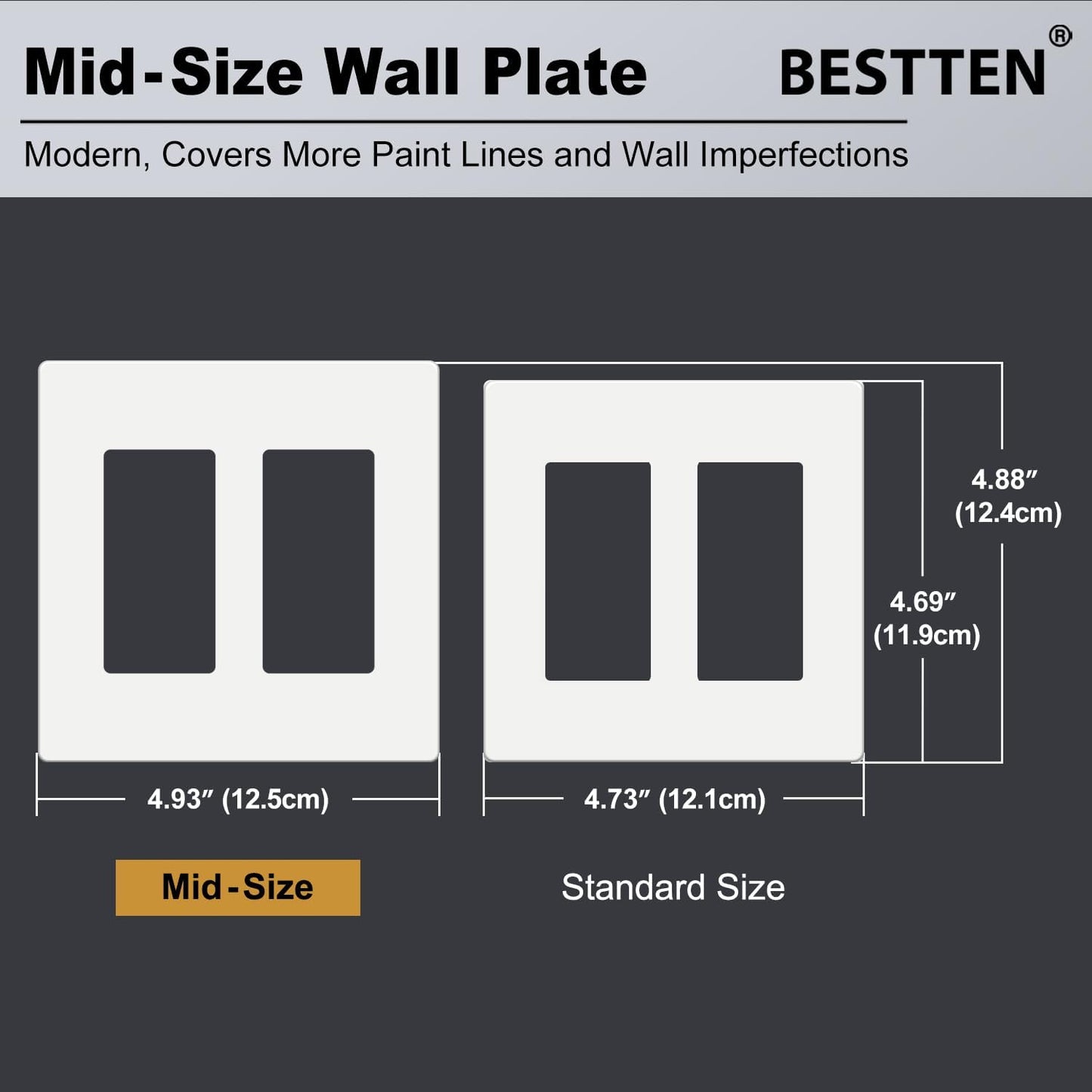 BESTTEN [10 Pack] 2 Gang Screwless Decorative Outlet Cover, Mid-Size Wall Plate, H4.88" x W4.93", Faceplate Cover for