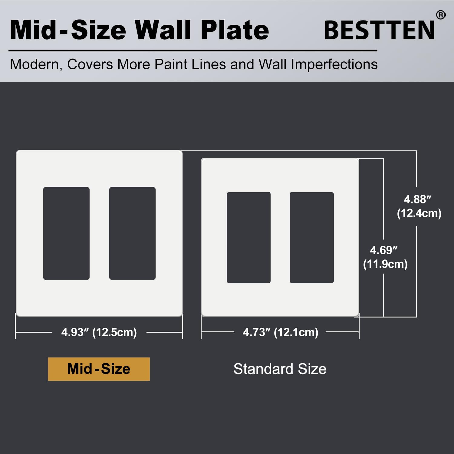 BESTTEN [10 Pack] 2 Gang Screwless Decorative Outlet Cover, Mid-Size Wall Plate, H4.88" x W4.93", Faceplate Cover for