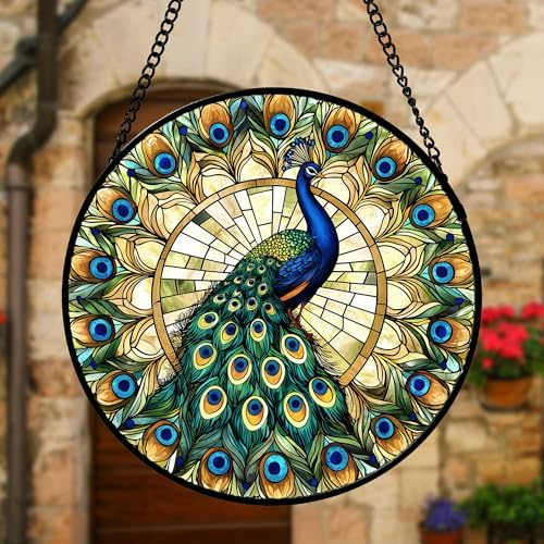 Peacock in Feather Halo Stained Glass Window Hanging Suncatcher Gifts 6.3"