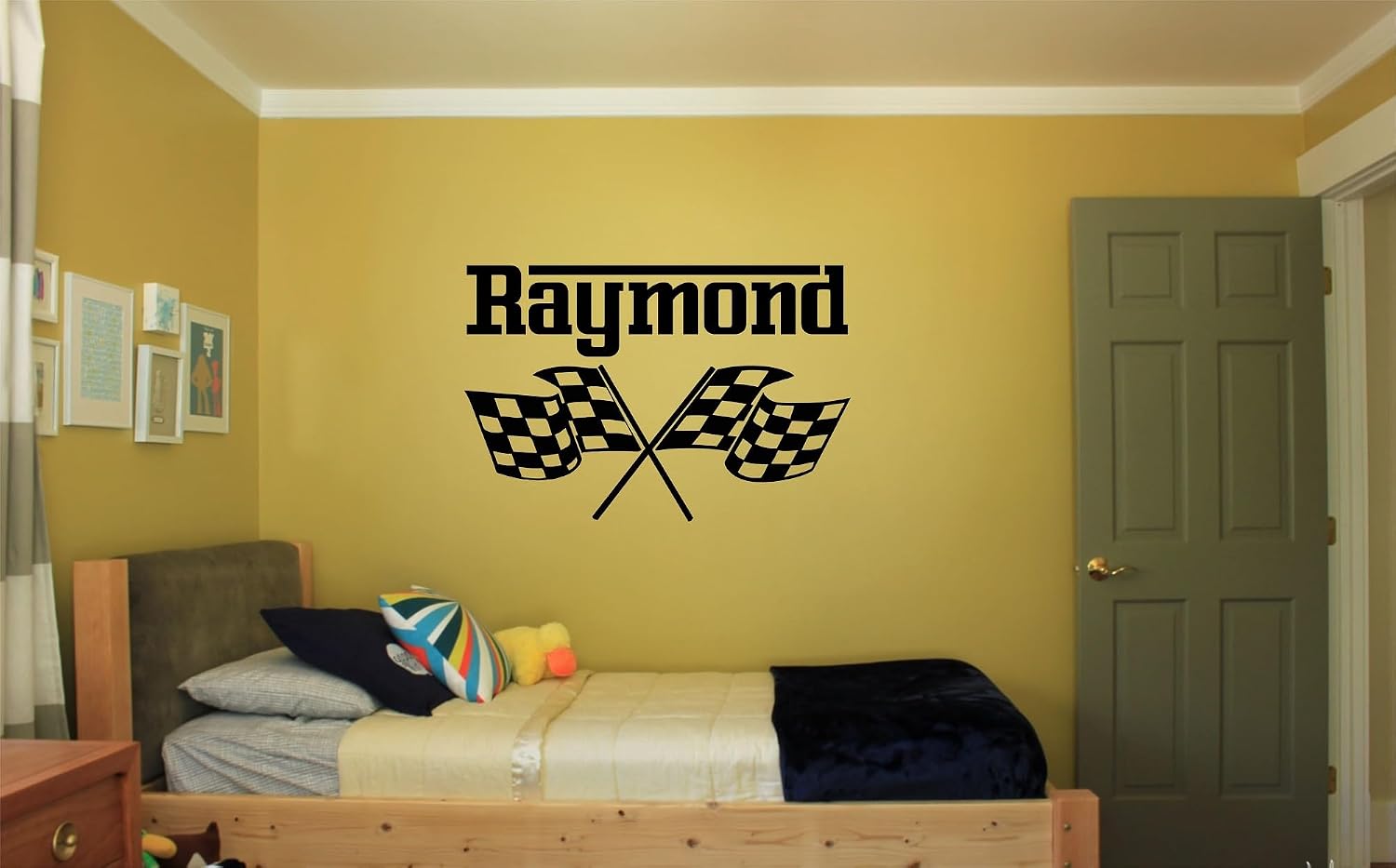 Custom Name Checkered Flags Wall Decal Custom Name Racing Car Flag Wall Sticker Vinyl / 23"T x 35"W