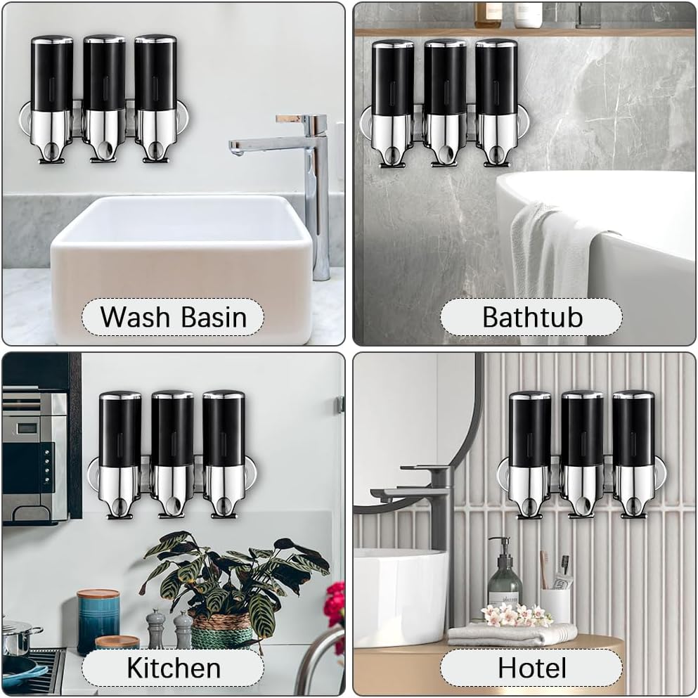 3 in 1 Chamber Wall Mounted Bathroom Shower Pump Dispenser and Organizer-Holds Shampoo, Soap, Conditioner, Shower Gel