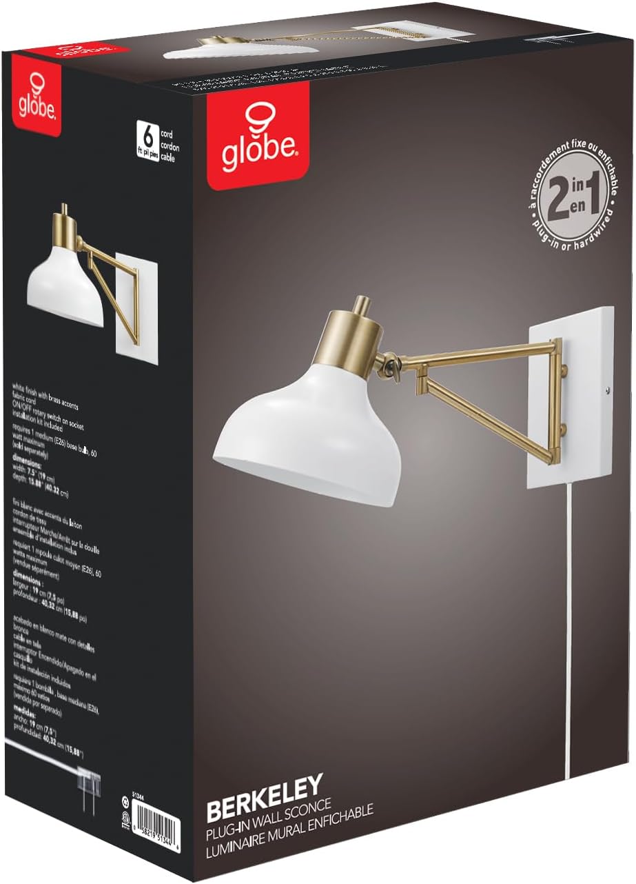 Globe Electric 51344 1-Light Plug-in or Hardwire Swing Arm Wall Sconce, White, Brass Accents, White-Cloth Cord, Mounted