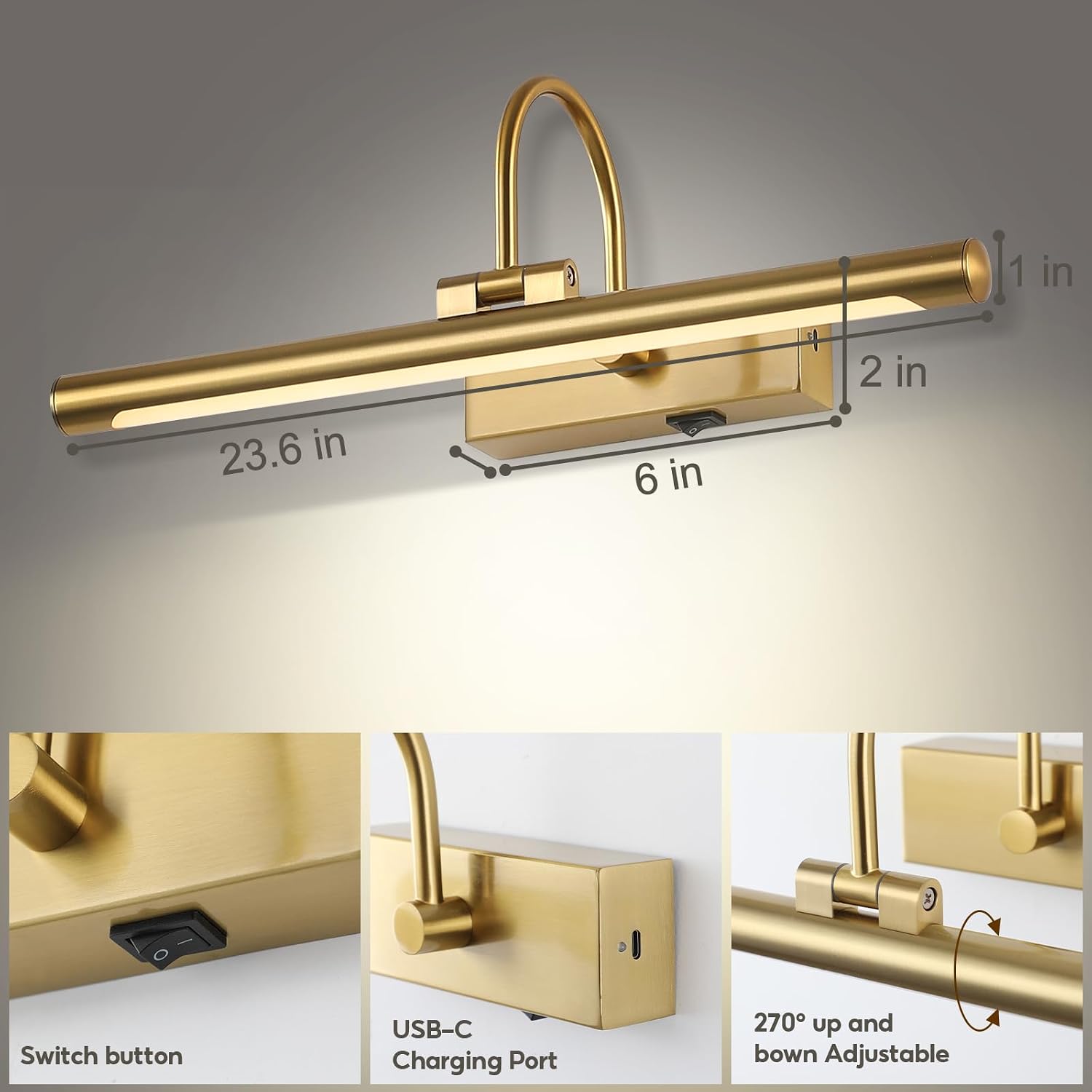 24" Wireless Battery Operated Picture Light for Wall Brass Gold Rechargeable Wall Light with Remote and Timer 9000mAh