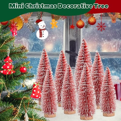 12 Pcs Mini Christmas Tree, Tabletop Christmas Tree with Wooden Bases Artificial Mini Tree with 3 Sizes Christmas Table Decor Bottle Brush Trees for Christmas Decorations (Red)