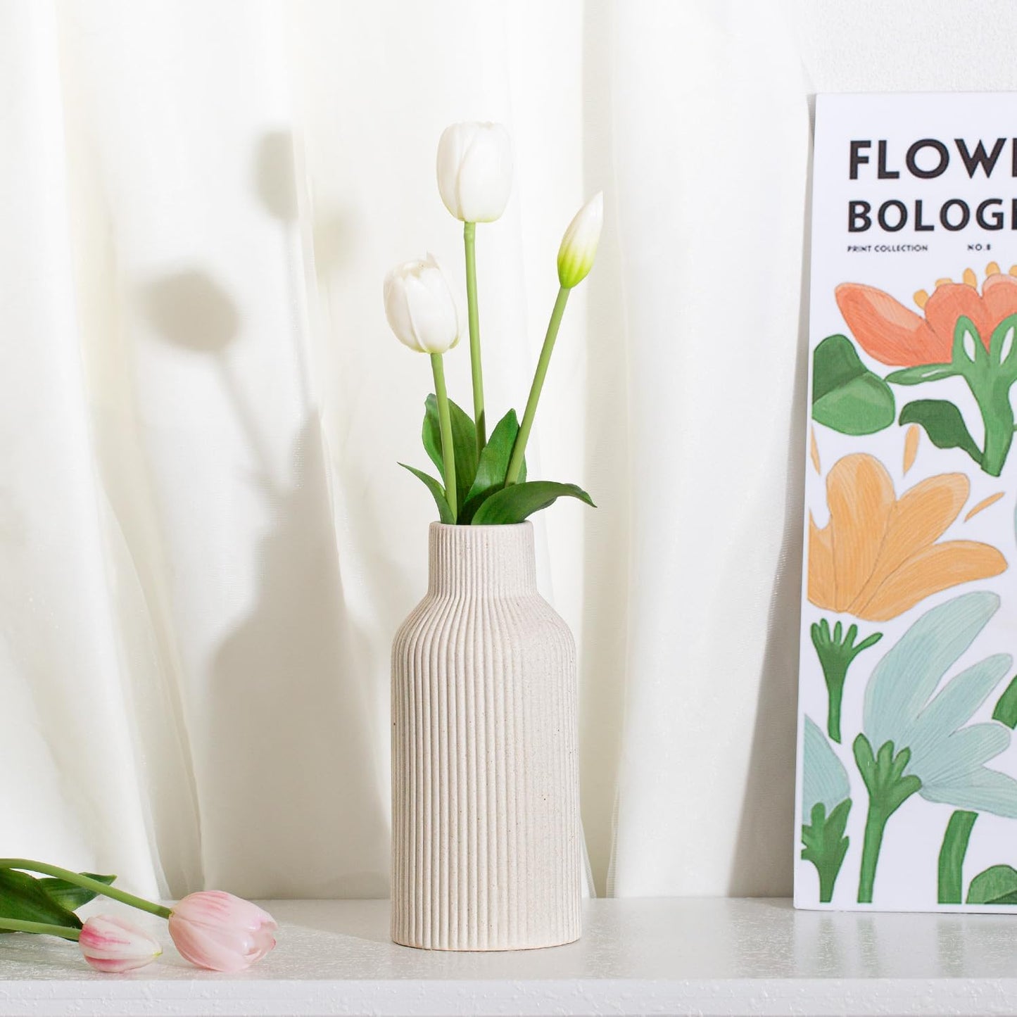 Bohemian Ceramic Vase / Beige / 7in