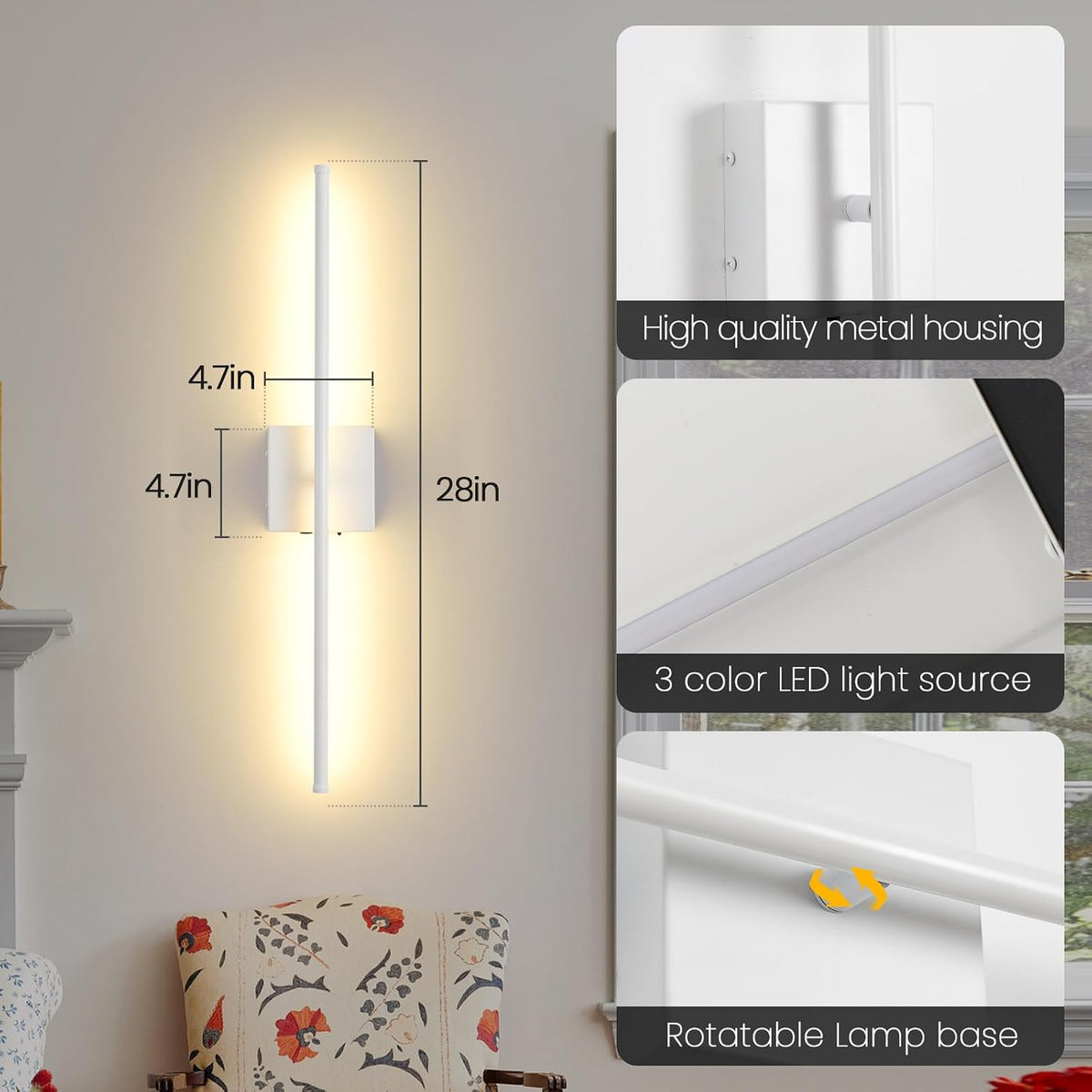 Rechargeable Battery Operated Wall Sconces, 11000mAh Wireless White Wall Lights with Remote Control, 350°Rotate